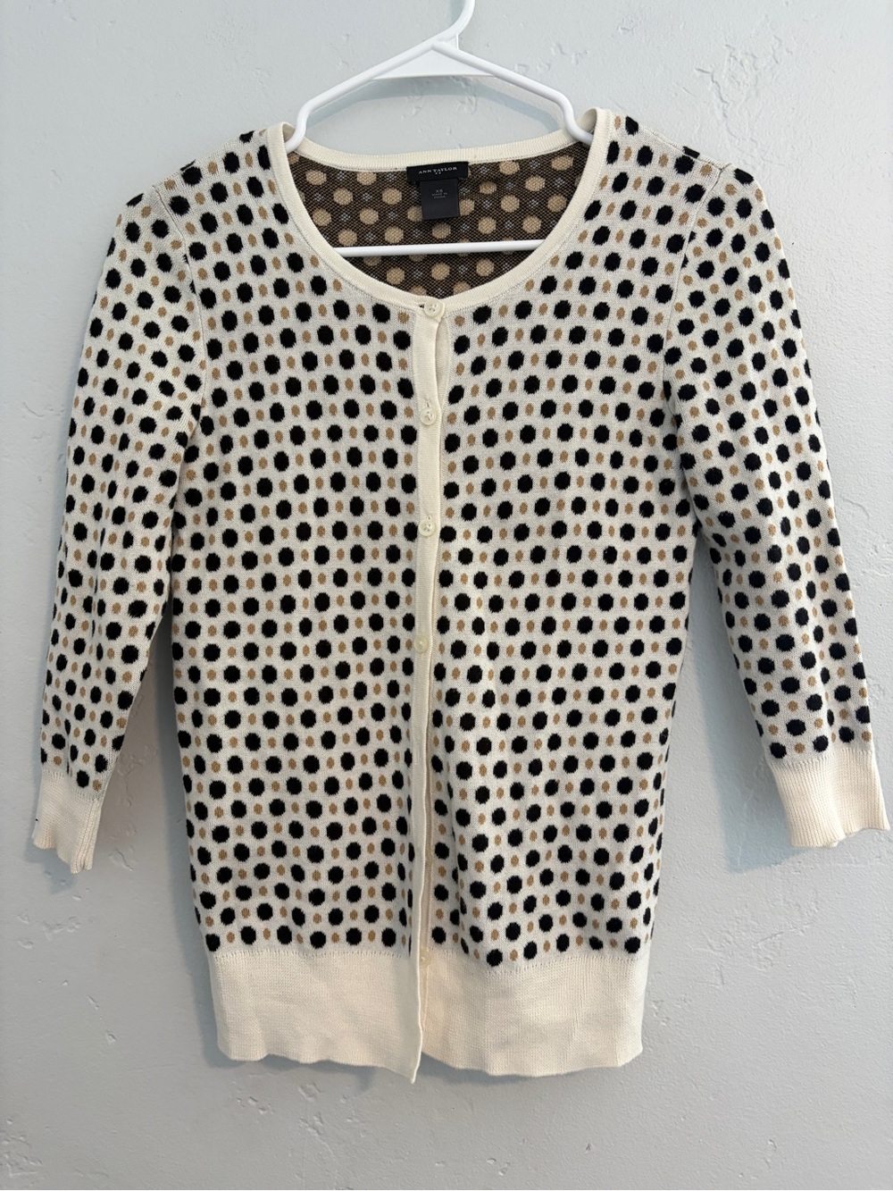 Ann Taylor Cream Cardigan with Black and Tan Polka Dots